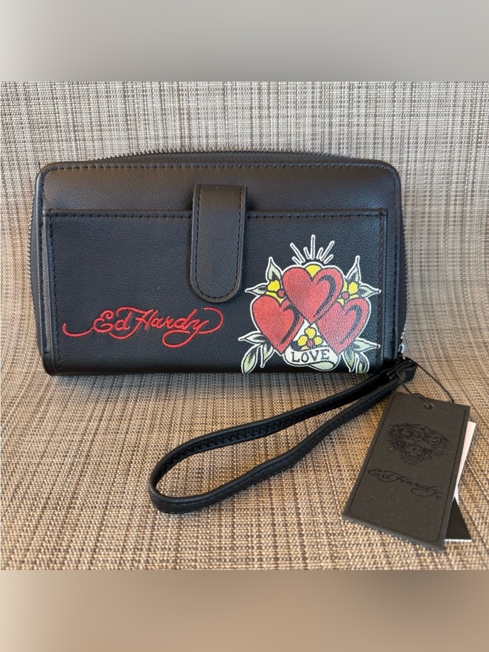 Ed Hardy Wallet/ Wristlet with Heart & Love Design - Vegan Leather
